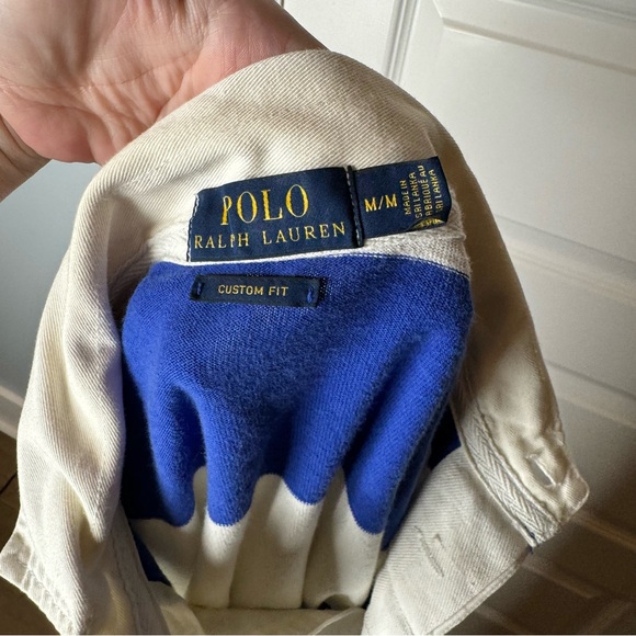 Polo Ralph Lauren Rugby Polo Shirt Blue White Striped Long Sleeve Men's Medium - Picture 10 of 12